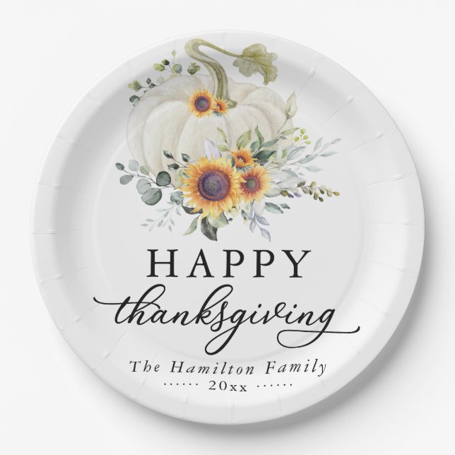 Greenery Sunflowers White Pumpkin Thanksgiving Paper Plate (Front)