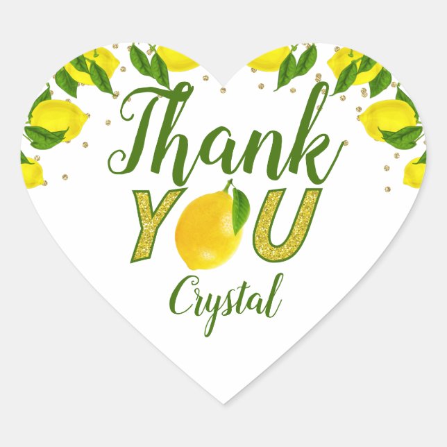 Greenery Sweet Lemon Gold Glitter Thank You Heart Sticker (Front)