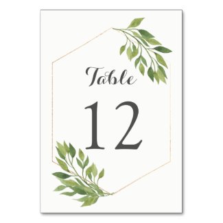 Greenery table number card gold geometric frame