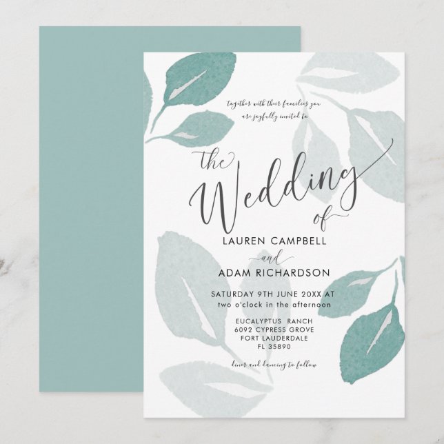 Greenery Teal Watercolor Foliage Wedding Invitation (Front/Back)