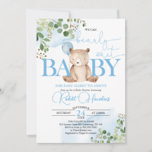 Greenery Teddy Bear Balloon Baby Shower Invitation