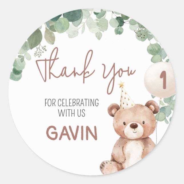 Greenery Teddy Bear Birthday Party Classic Round Sticker (Front)