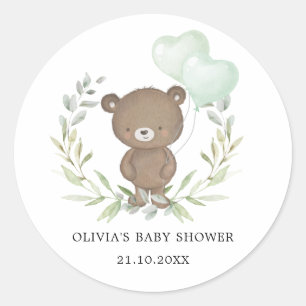 Greenery Teddy Bear Simple Elegant Baby Shower Classic Round Sticker