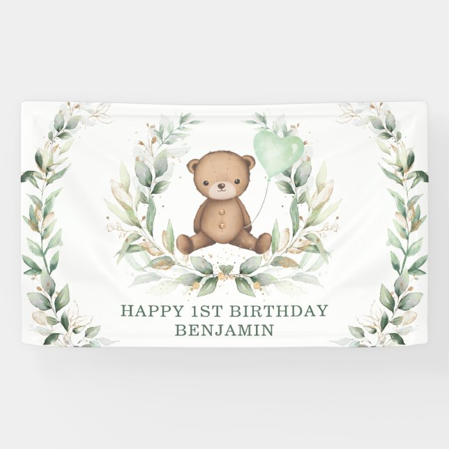 Greenery Teddy Bear Yellow Balloon Happy Birthday Banner (Horizontal)