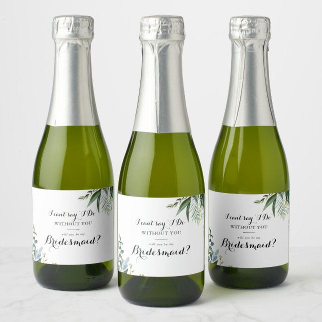 Greenery Tropical Calligraphy Bridesmaid Proposal Sparkling Wine Label (Bottles)