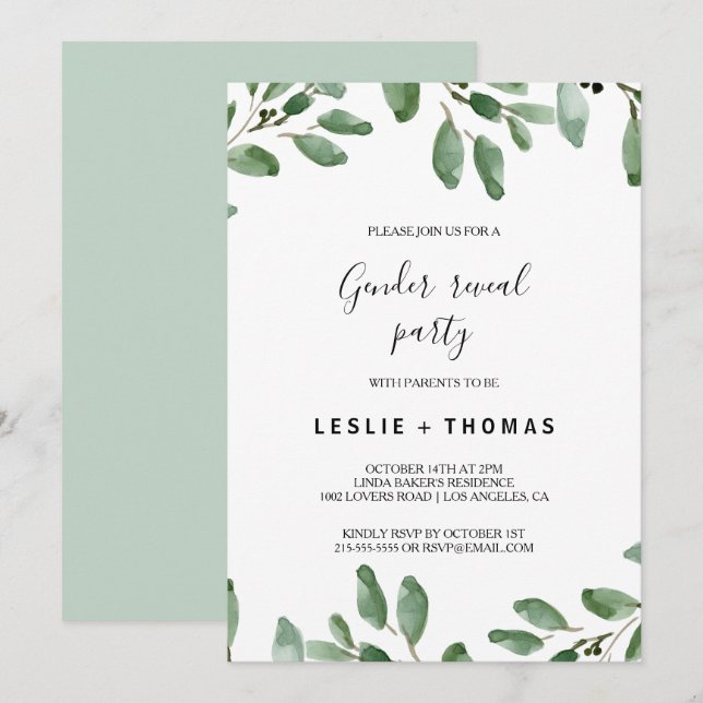 Greenery Tropical Eucalyptus Gender Reveal Party Invitation (Front/Back)
