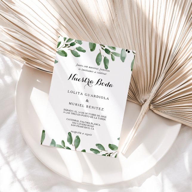 Greenery Tropical Eucalyptus Spanish Wedding Invitation (Creator Uploaded)