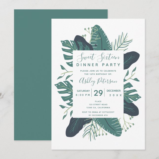 Greenery tropical leaf bloom typography sweet 16 invitation (Front/Back)