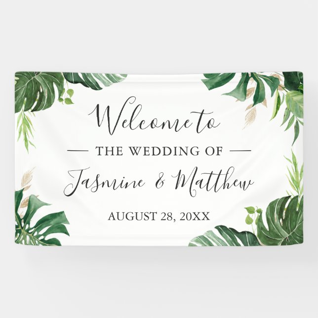 Greenery Tropical Leaves Wedding Party Banner (Horizontal)