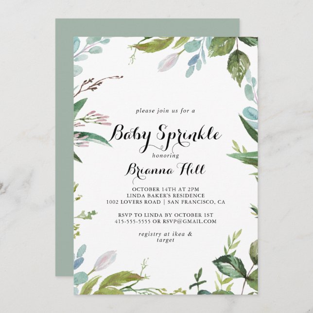 Greenery Tropical Modern Calligraphy Baby Sprinkle Invitation (Front/Back)
