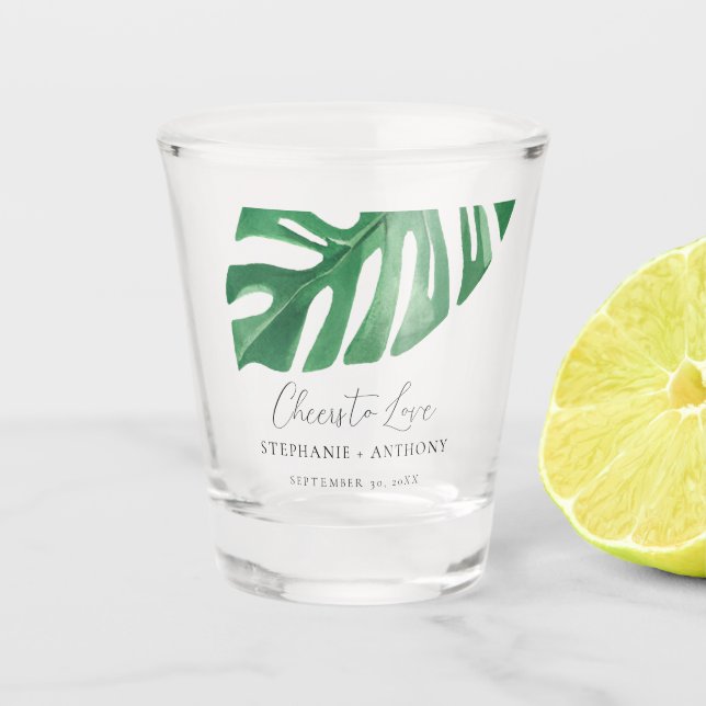 Greenery Tropical Monstera Leaves Summer Wedding   Shot Glass (Front)