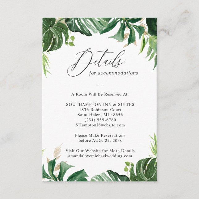 Greenery Tropical Palm Leaves Wedding Details Enclosure Card (Front)