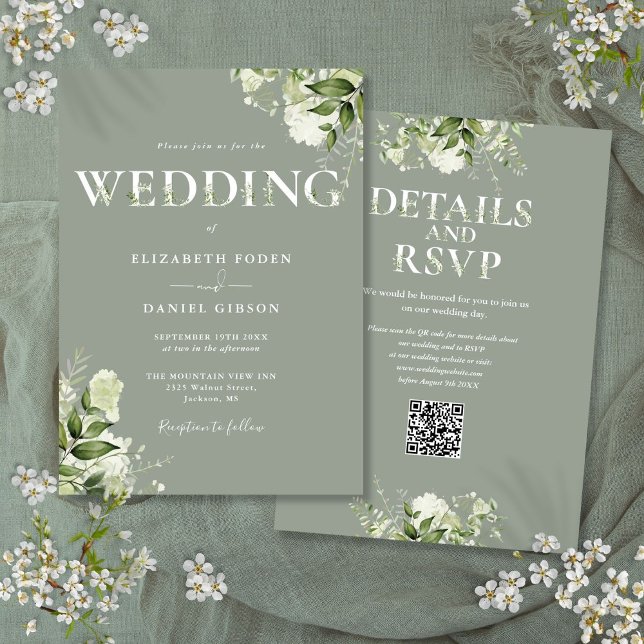 Greenery Typography QR Code Sage Green Wedding Invitation (Greenery Typography QR Code Sage Green Wedding Invitation)