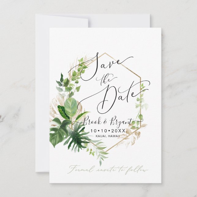 Greenery Variegated Tropical Foliage Save the Date Invitation (Front)