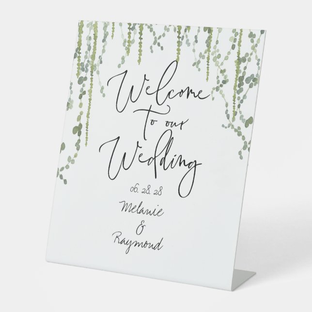 Greenery Vines Wedding Welcome To Our Wedding  Pedestal Sign (Front)