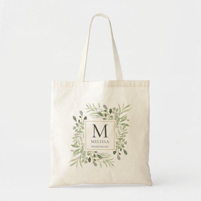 Greenery Watercolor Botanical Bridesmaid Wedding Tote Bag (Front)
