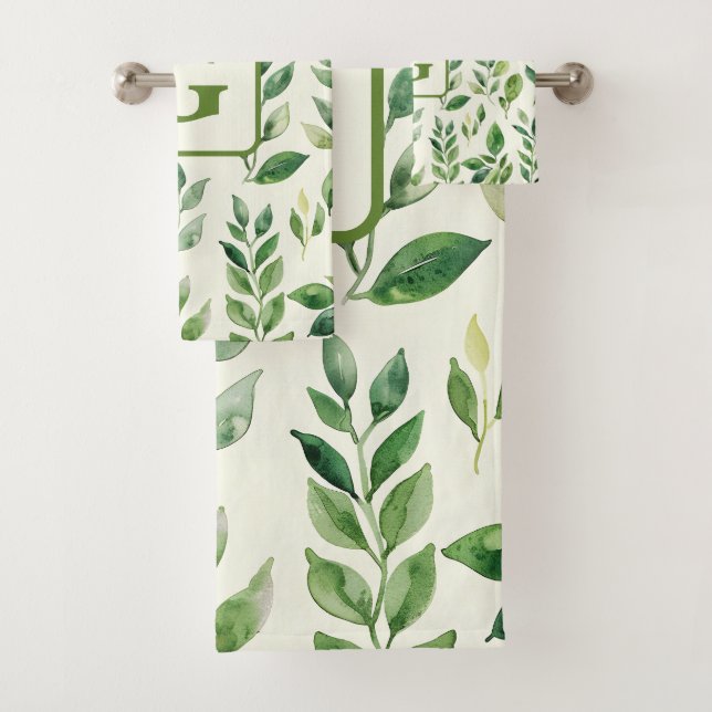 Greenery Watercolor Botanical Leaves monogram  Bath Towel Set (Insitu)