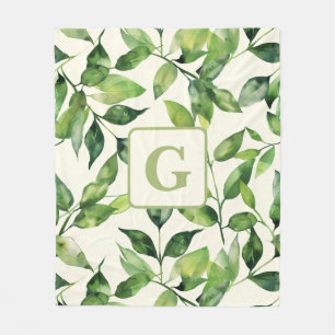 Greenery Watercolor Botanical Leaves monogram Fleece Blanket