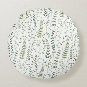 Greenery Watercolor Botanical Leaves Pattern Round Pillow