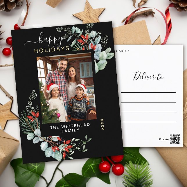 Greenery Watercolor Elegant Black Holiday Postcard (You will love these beautiful Christmas cards! They feature botanical watercolor pine and berries.)