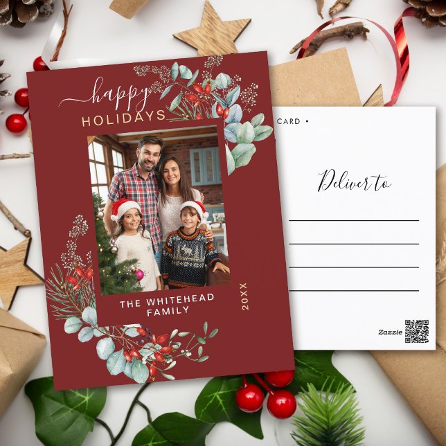 Greenery Watercolor Elegant Burgundy Holiday Postcard (You will love these beautiful Christmas cards! They feature botanical watercolor pine and berries.)