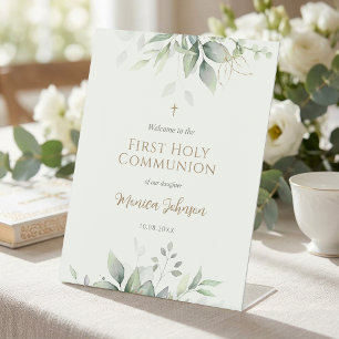 Greenery Watercolor First Communion Pedestal Sign