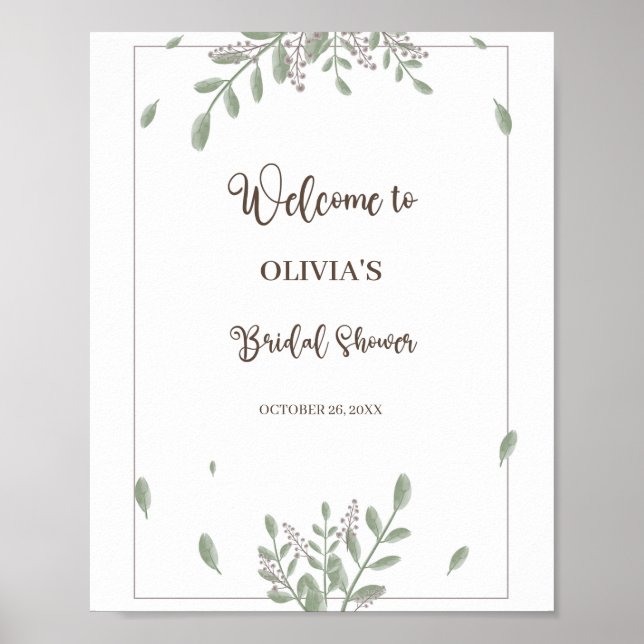 Greenery Watercolor Floral Bridal Shower Welcome Poster (Front)