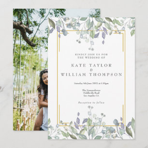 Greenery Watercolor Floral Photo Wedding Invitation