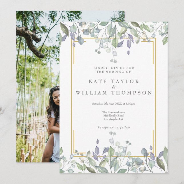 Greenery Watercolor Floral Photo Wedding Invitation (Front/Back)