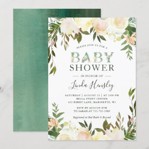 Greenery Watercolor Floral Typography Baby Shower Invitation