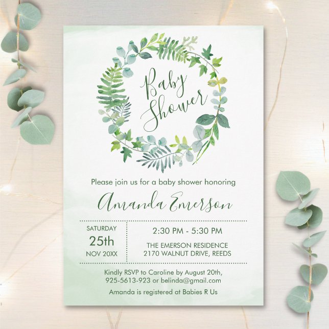 Greenery Watercolor Foliage Botanical Baby Shower Invitation (Creator Uploaded)