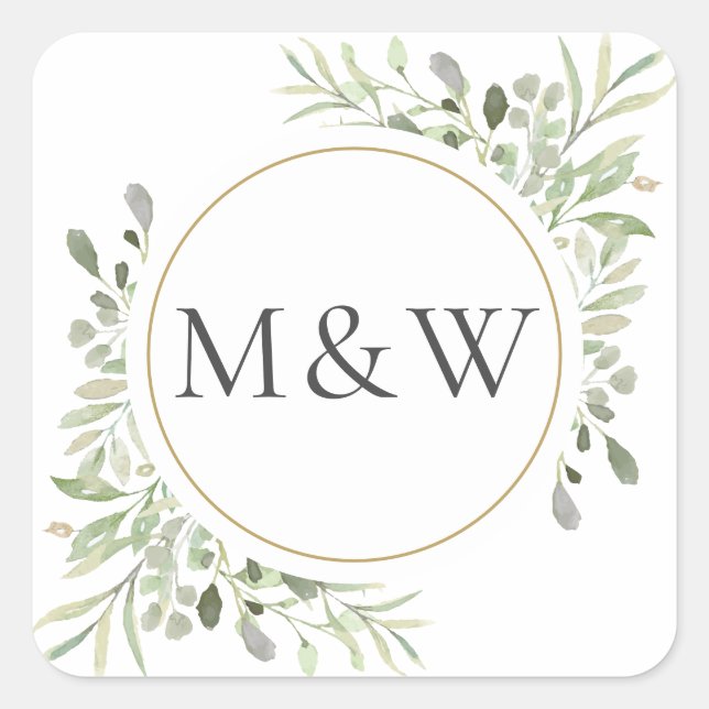 Greenery Watercolor Foliage Monogram Initials Square Sticker (Front)
