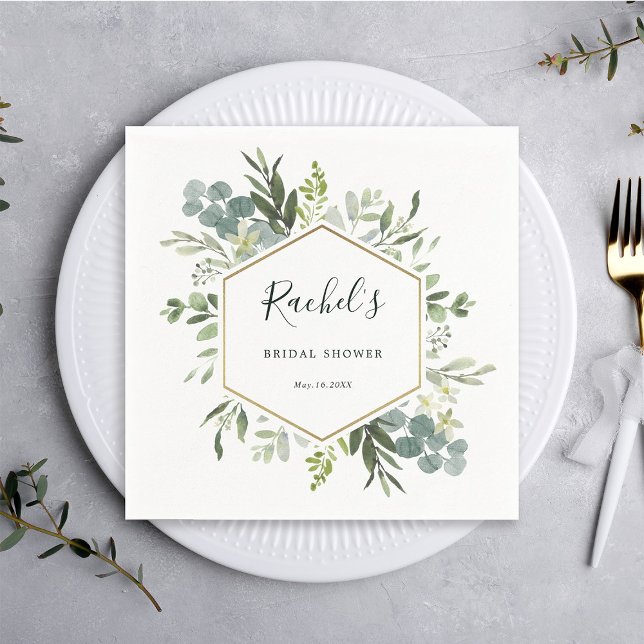 Greenery Watercolor Gold Hexagon Bridal Shower Napkin (Creator Uploaded)