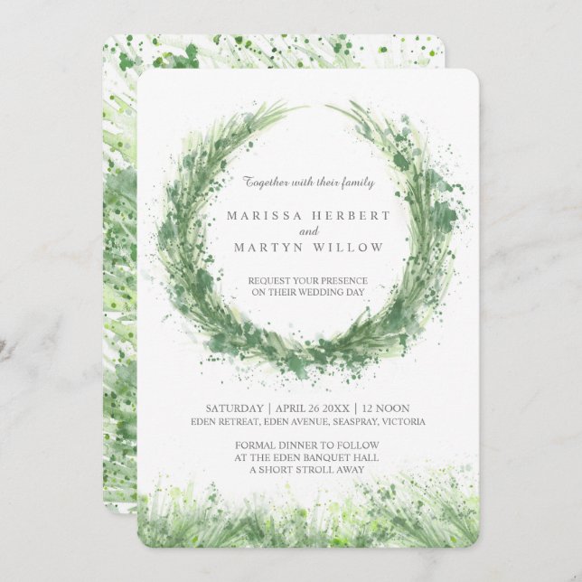 Greenery watercolor grass sage green wedding invitation (Front/Back)