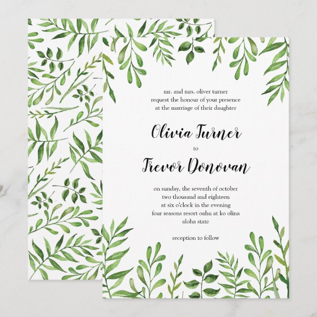 Greenery Watercolor Green Leaves Botanical Garden Invitation (Front/Back)