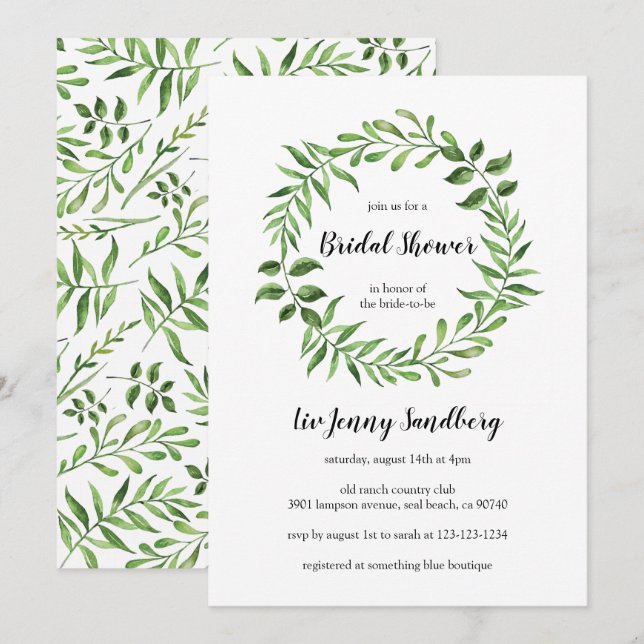 Greenery Watercolor Green Wreath Bridal Shower Invitation (Front/Back)