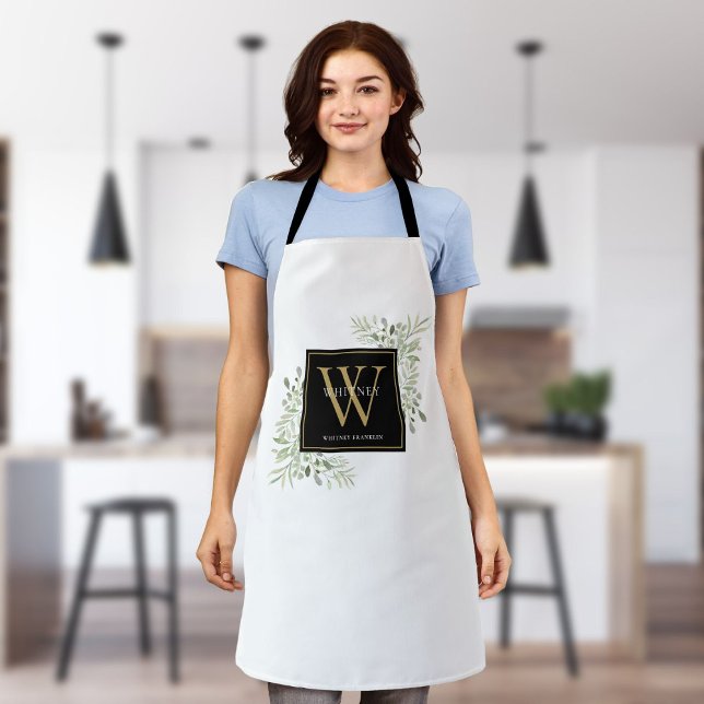Greenery Watercolor Leaves Black Gold Monogram Apron (Creator Uploaded)