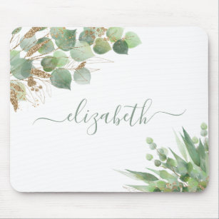 Greenery Watercolor Monogrammed Mouse Pad