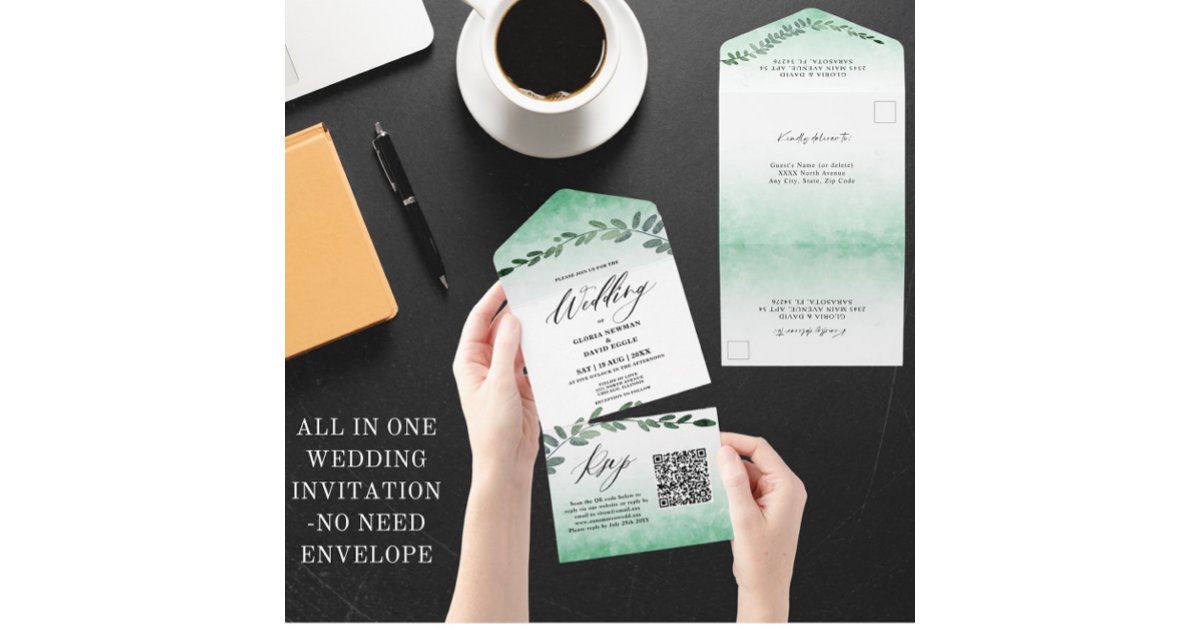 Greenery Watercolor QR Code All In One Invitation | Zazzle