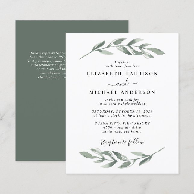 Greenery Watercolor QR Code Wedding Invitation (Front/Back)