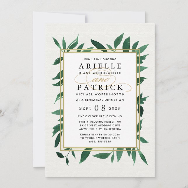 Greenery Watercolor Rehearsal Dinner Invitations (Front)