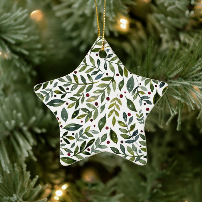 Greenery watercolor seasonal branches and berries ceramic ornament (Tree)