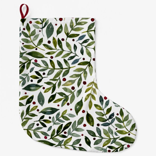 Greenery watercolor seasonal branches and berries large christmas stocking (Front)