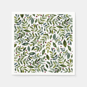 Greenery watercolor seasonal branches and berries napkin