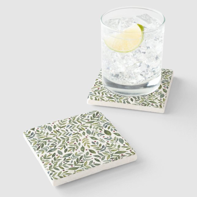 Greenery watercolor seasonal branches and berries stone coaster (Side)