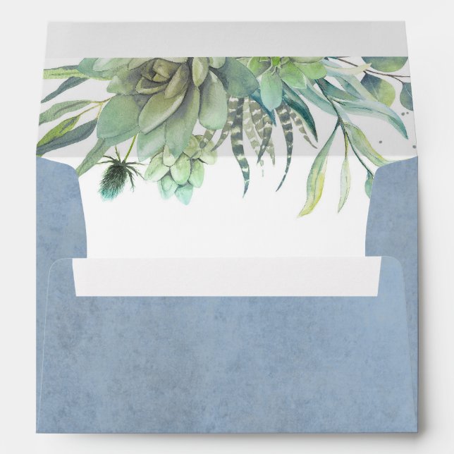 Greenery - Watercolor Succulents Dusty Blue Envelope (Back (Bottom))