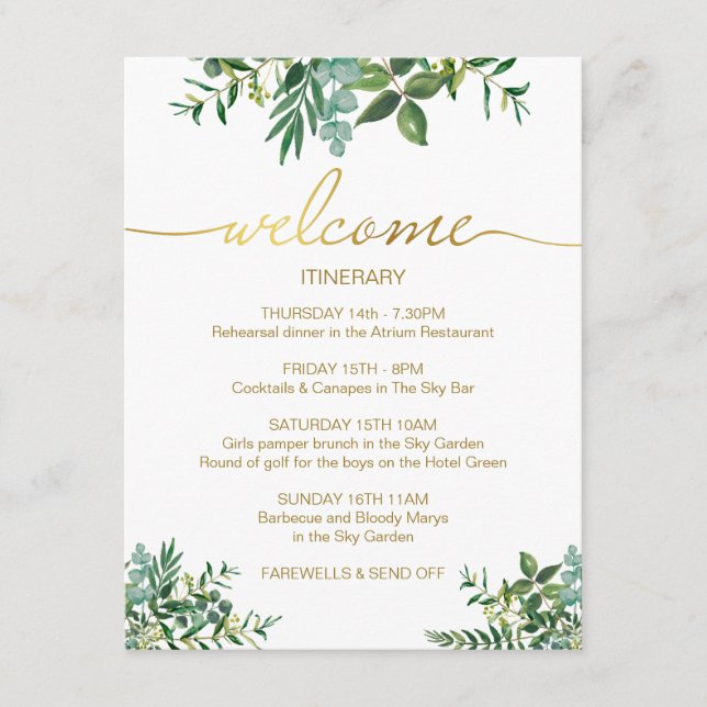 Greenery Watercolor Wedding Itinerary Gold Script Enclosure Card (Front)