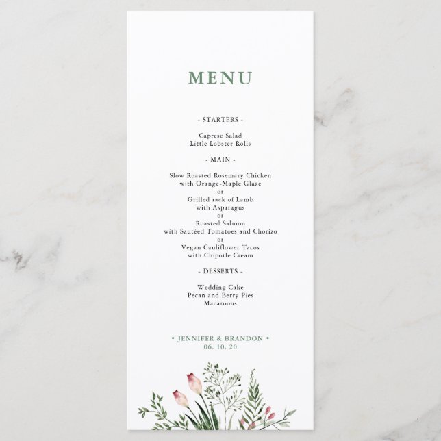 Greenery Watercolor Wedding Reception Menu Card (Front)