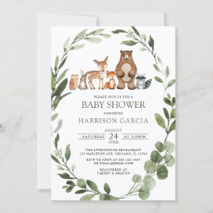 Greenery Watercolor Woodland Animals Baby Shower Invitation