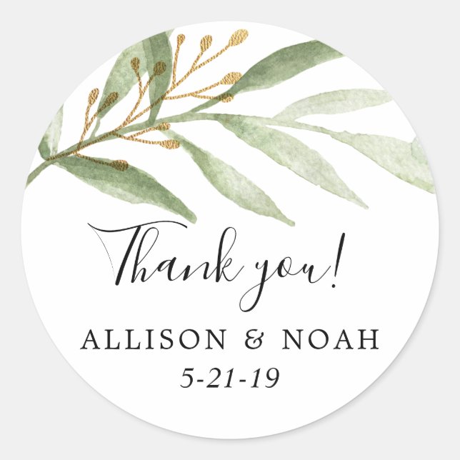 Greenery watercolors green gold leaves favour classic round sticker (Front)